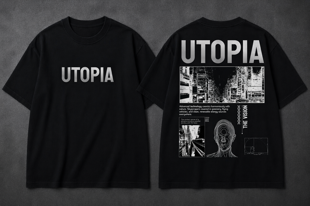 UTOPIA Graphic T-Shirt – Futuristic Minimal Streetwear Tee for Men