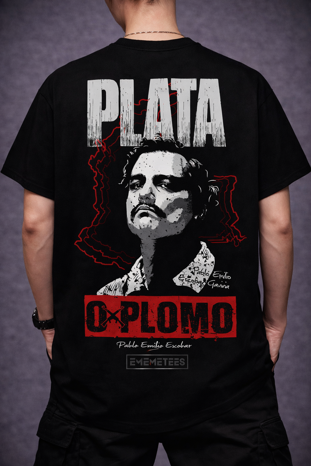 Plata O Plomo Graphic T-Shirt – Vintage Crime Art Streetwear Tee for Men