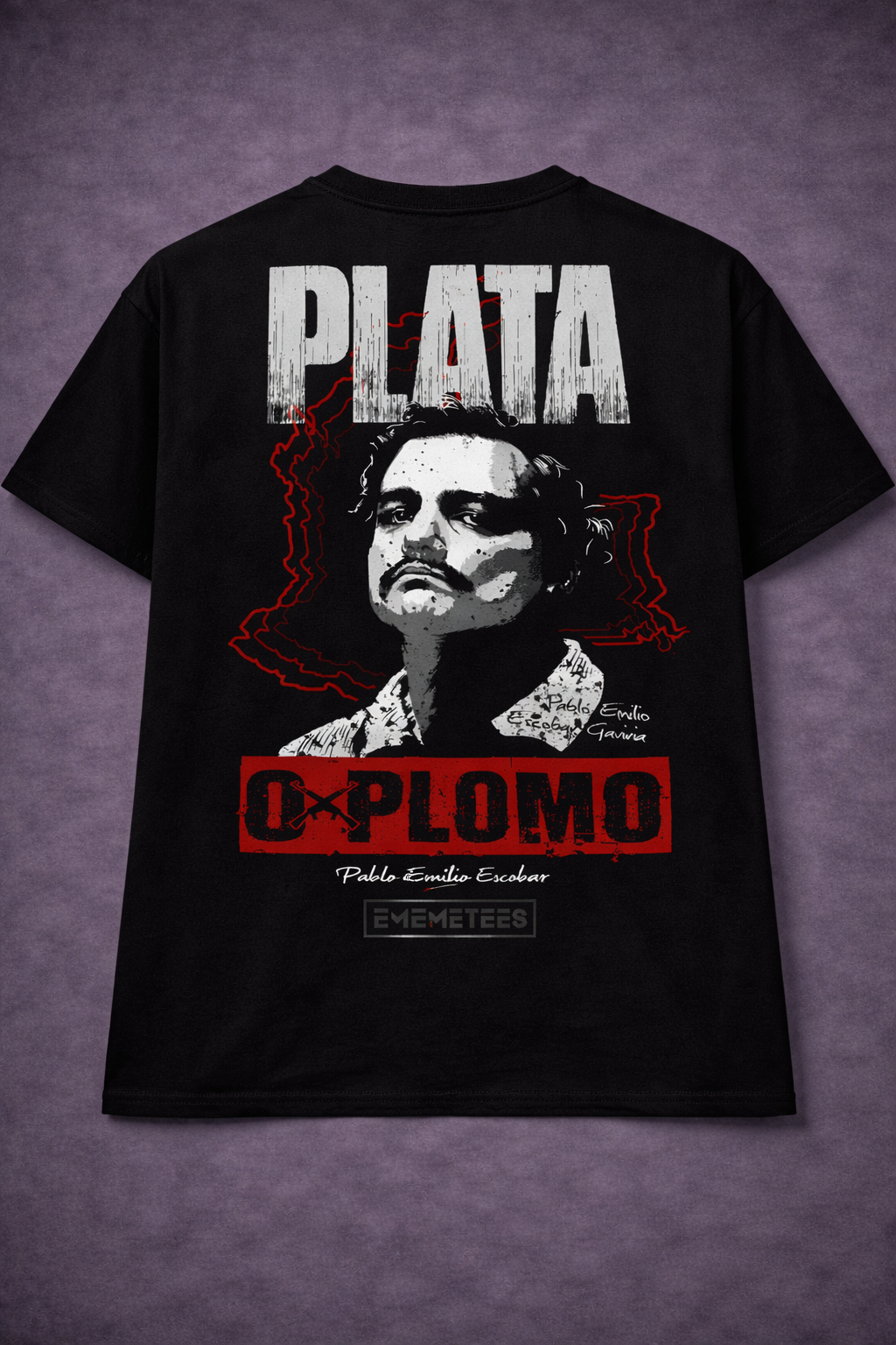 Plata O Plomo Graphic T-Shirt – Vintage Crime Art Streetwear Tee for Men